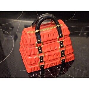 David's Cookies Ceramic Red Pleated Purse Cookie Jar Candy Dish Collectible